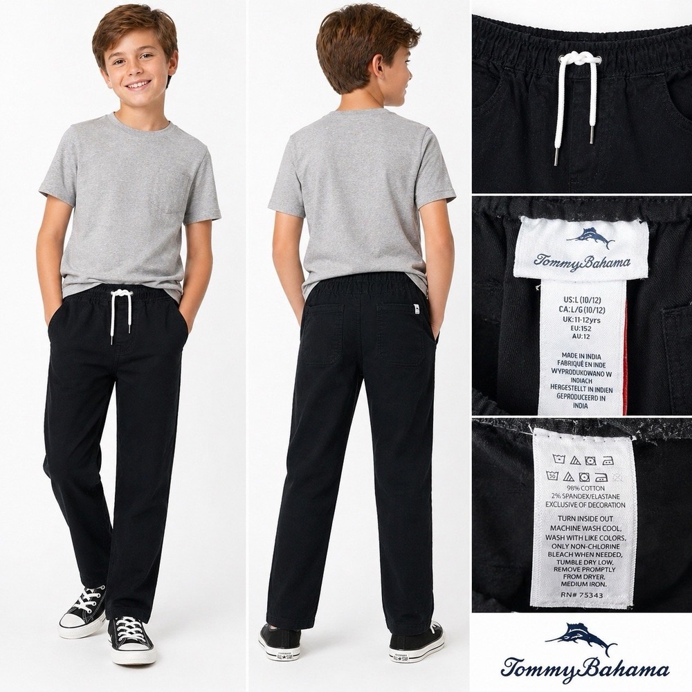 Tommy Bahama Boys Black Drawstring Pants Elastic Waist Stretch Size L 10-12